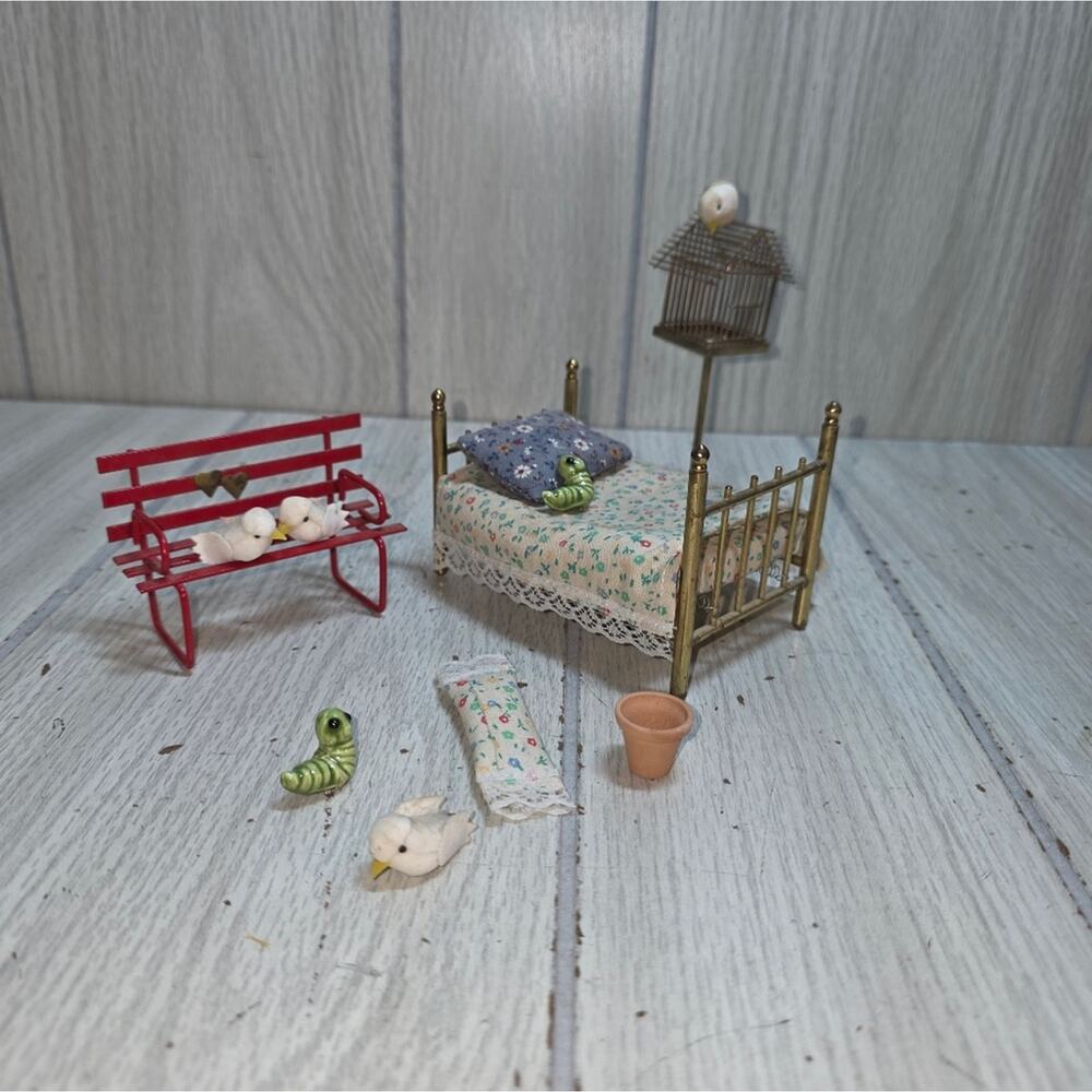 Vtg Miniature Brass Dollhouse Furniture With Bird House Birds Mini Caterpillars